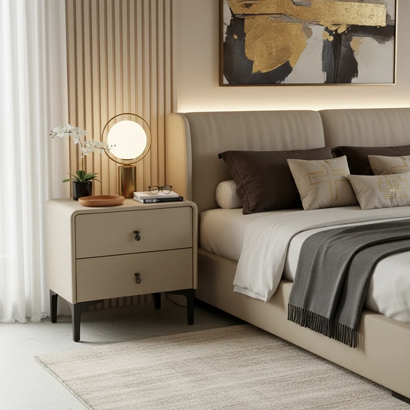 Contemporary Scandinavian Storage Nightstand - Cream Faux Leather Dual Drawer Bedside Table For Bedroom