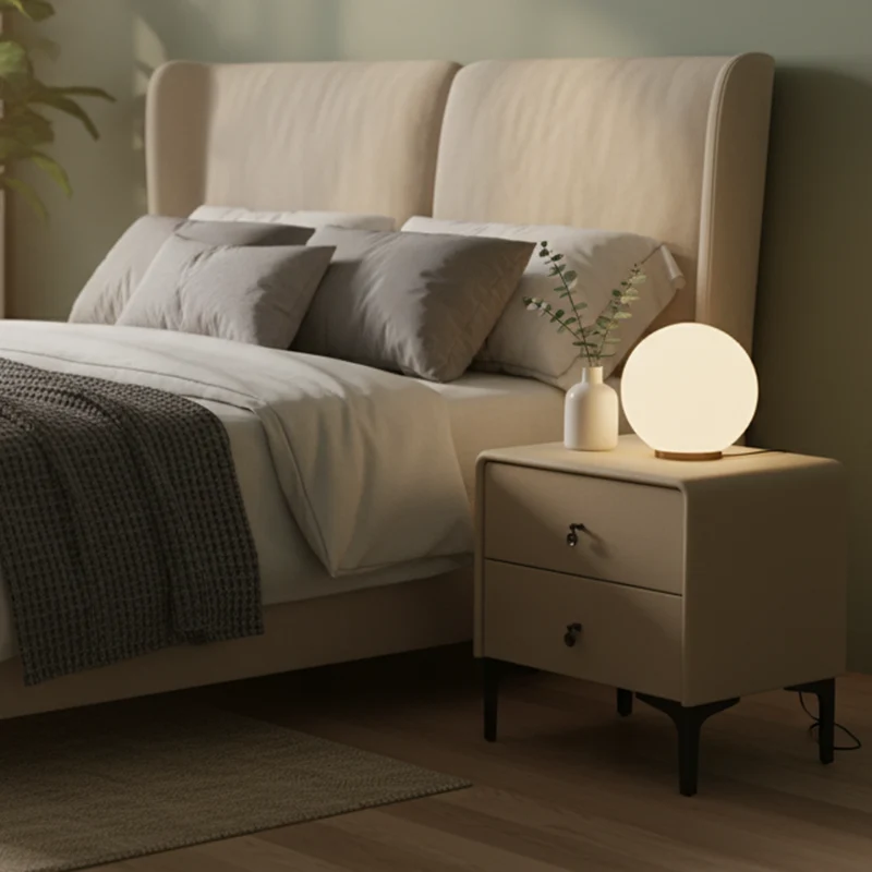 Contemporary Scandinavian Storage Nightstand - Cream Faux Leather Dual Drawer Bedside Table For Bedroom
