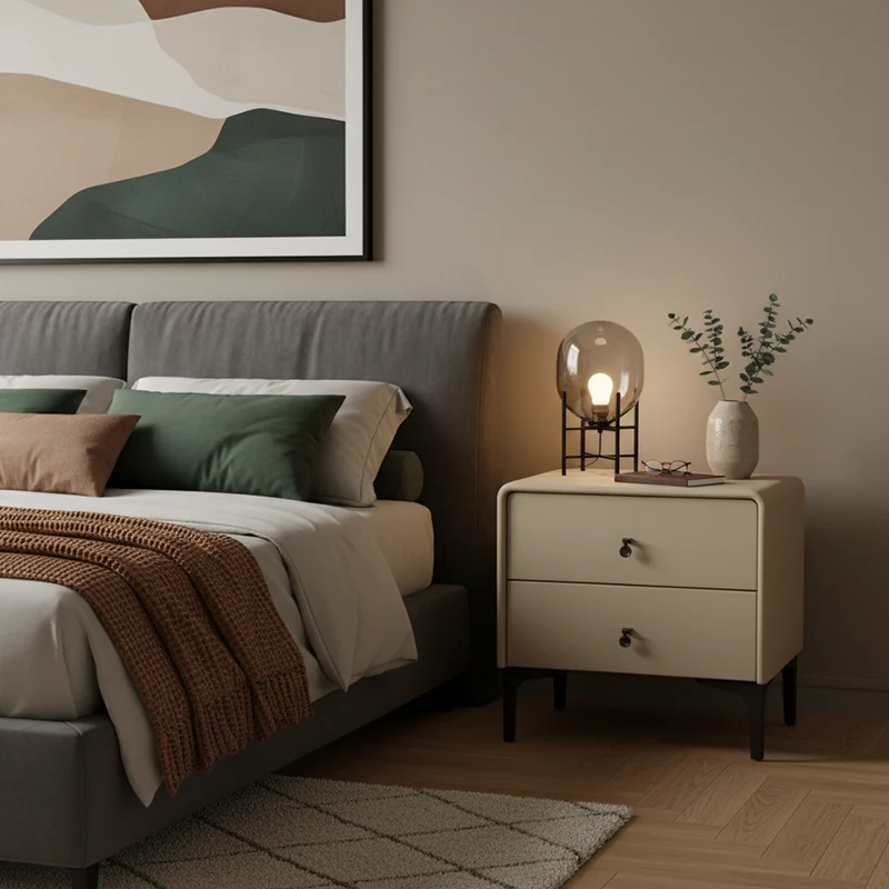 Contemporary Scandinavian Storage Nightstand - Cream Faux Leather Dual Drawer Bedside Table For Bedroom