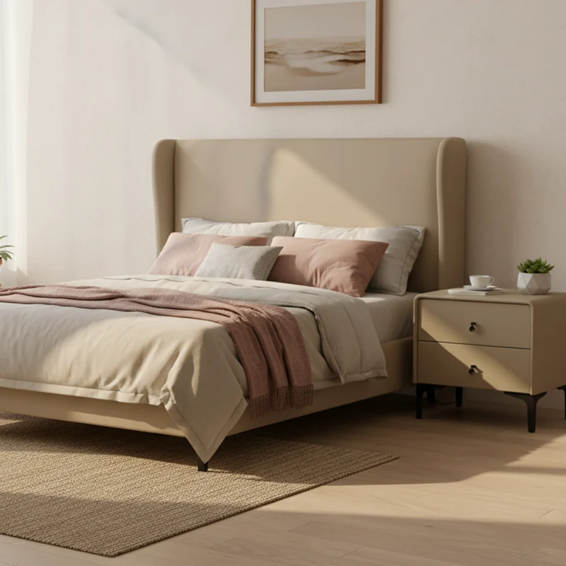 Contemporary Scandinavian Storage Nightstand - Cream Faux Leather Dual Drawer Bedside Table For Bedroom