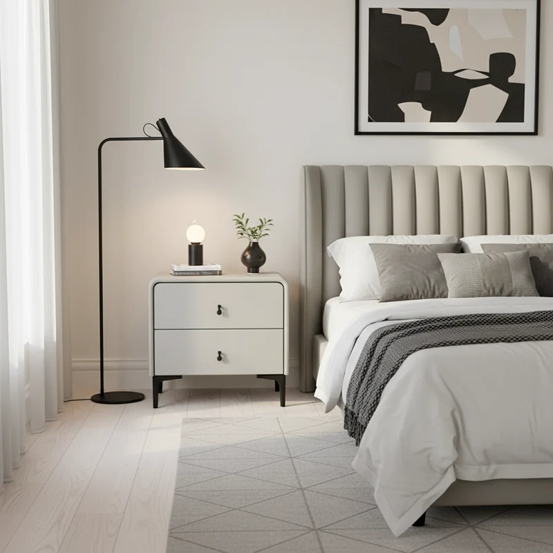 Contemporary Scandinavian Storage Nightstand - Cream Faux Leather Dual Drawer Bedside Table For Bedroom