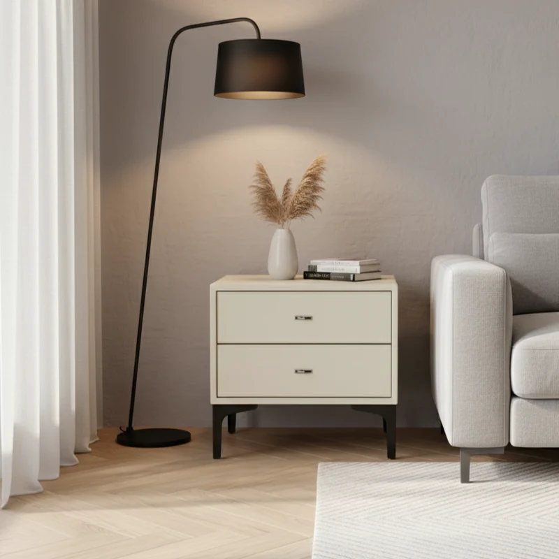 Contemporary Cream White Bedside Table With Dual Drawers - Scandinavian Faux Leather Nightstand For Modern Bedroom