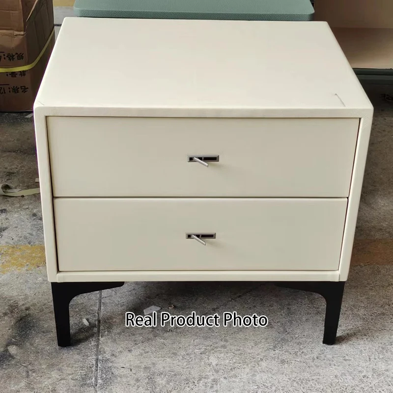 Contemporary Cream White Bedside Table With Dual Drawers - Scandinavian Faux Leather Nightstand For Modern Bedroom