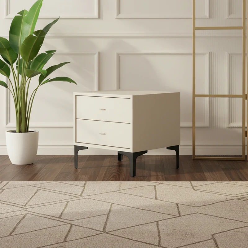 Contemporary Cream White Bedside Table With Dual Drawers - Scandinavian Faux Leather Nightstand For Modern Bedroom