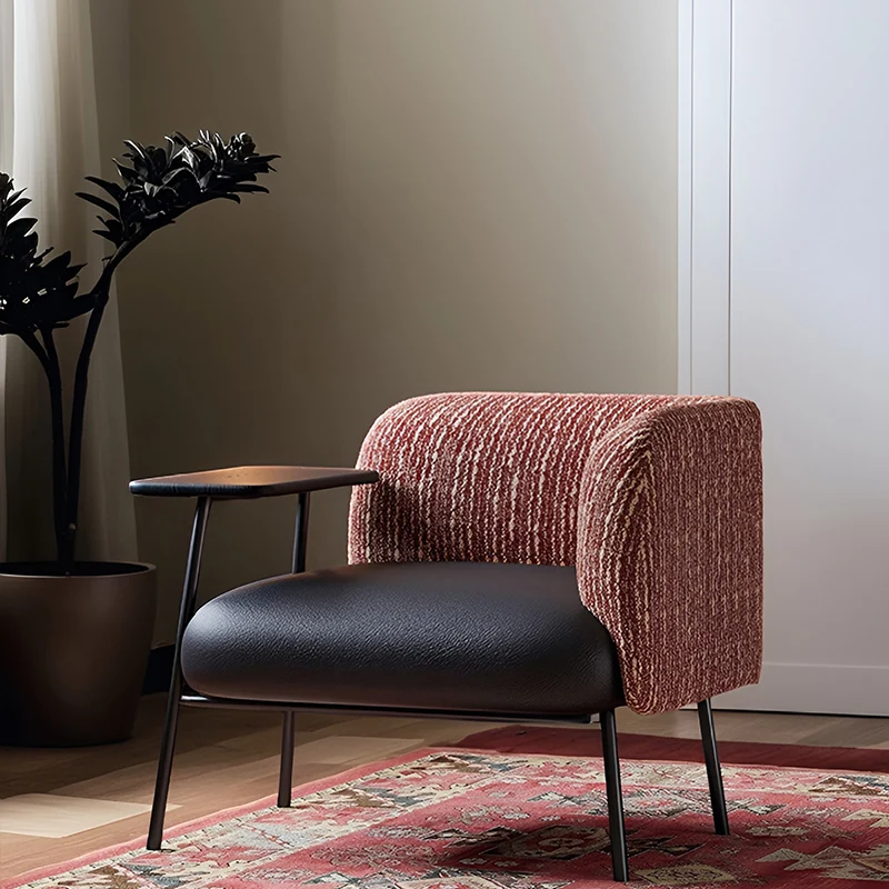 Modern Minimalist Rectangular Carbon Steel Solid Wood PU Leather Cotton-Linen Accent Chair Backrest Armrest For Living Room