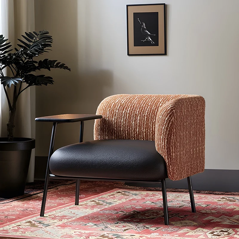Modern Minimalist Rectangular Carbon Steel Solid Wood PU Leather Cotton-Linen Accent Chair Backrest Armrest For Living Room