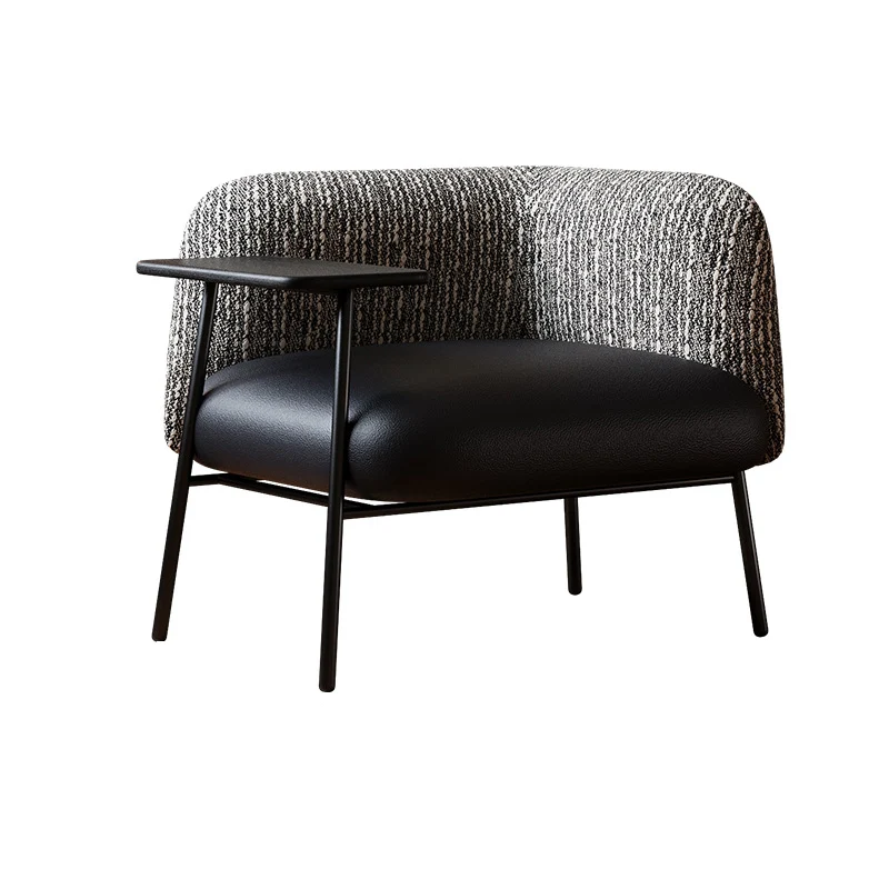 Modern Minimalist Rectangular Carbon Steel Solid Wood PU Leather Cotton-Linen Accent Chair Backrest Armrest For Living Room