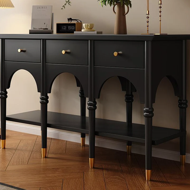 Contemporary Nordic Rectangular Rubberwood Brass Solid Wood Multi-Layer Plate Console Table 3-Drawer For Entryways