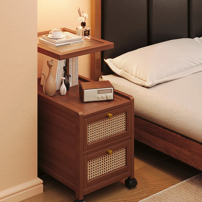 Traditional Japanese Rectangular Glass Faux Rattan Bamboo Nightstand 2-Tier For Bedroom
