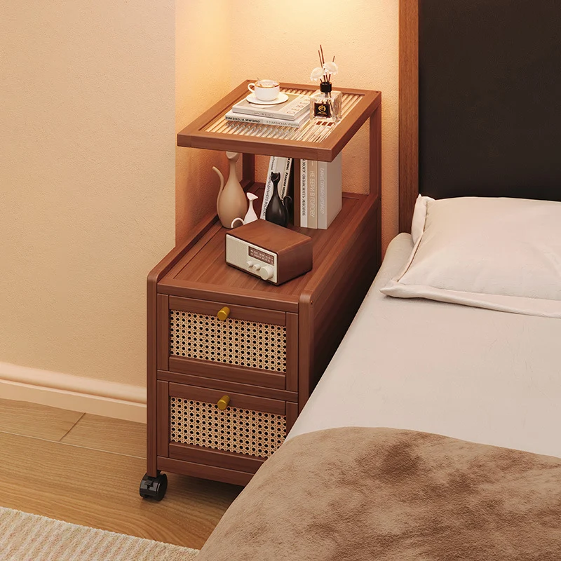 Traditional Japanese Rectangular Glass Faux Rattan Bamboo Nightstand 2-Tier For Bedroom