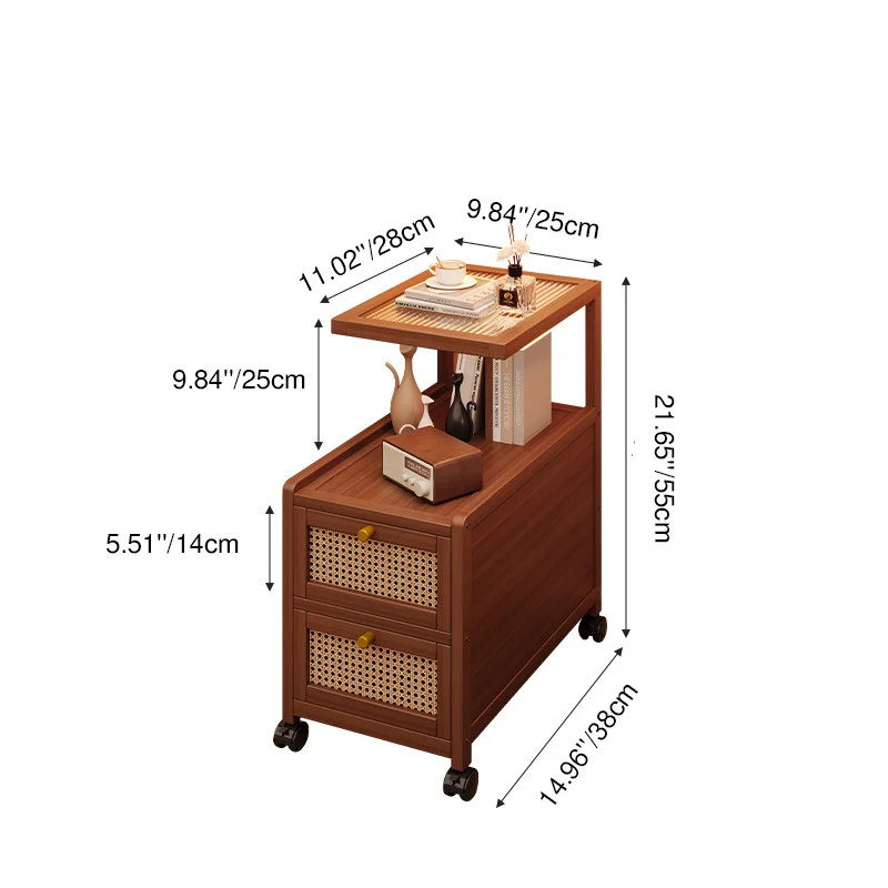 Traditional Japanese Rectangular Glass Faux Rattan Bamboo Nightstand 2-Tier For Bedroom