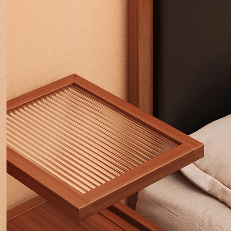 Traditional Japanese Rectangular Glass Faux Rattan Bamboo Nightstand 2-Tier For Bedroom