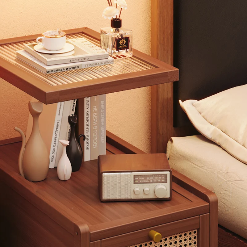 Traditional Japanese Rectangular Glass Faux Rattan Bamboo Nightstand 2-Tier For Bedroom