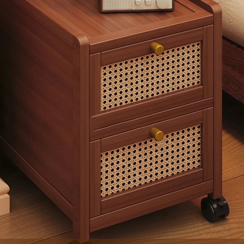 Traditional Japanese Rectangular Glass Faux Rattan Bamboo Nightstand 2-Tier For Bedroom