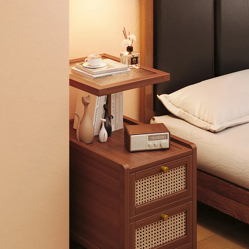 Traditional Japanese Rectangular Glass Faux Rattan Bamboo Nightstand 2-Tier For Bedroom