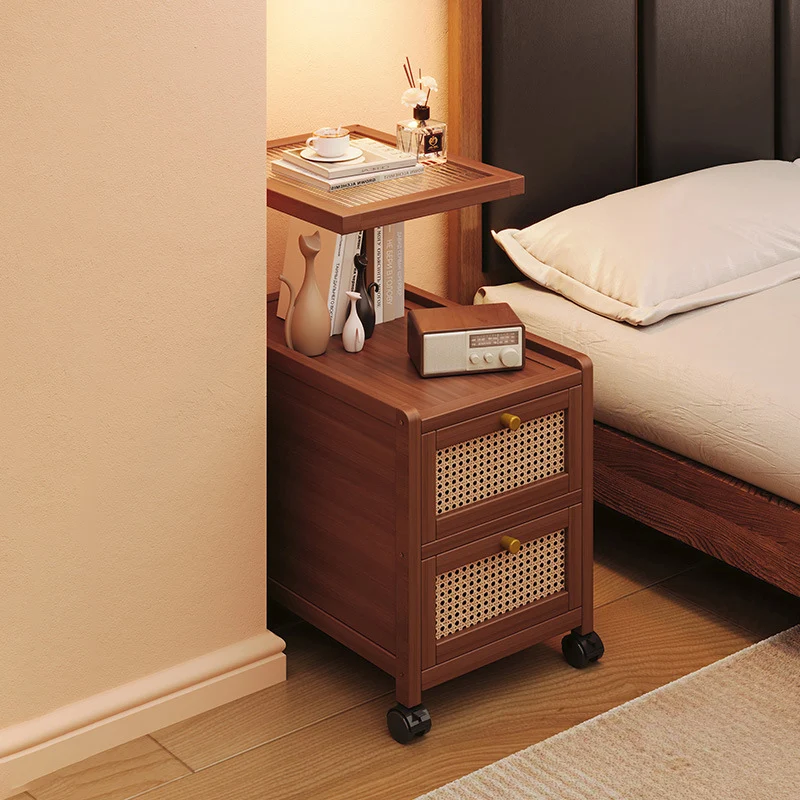 Traditional Japanese Rectangular Glass Faux Rattan Bamboo Nightstand 2-Tier For Bedroom