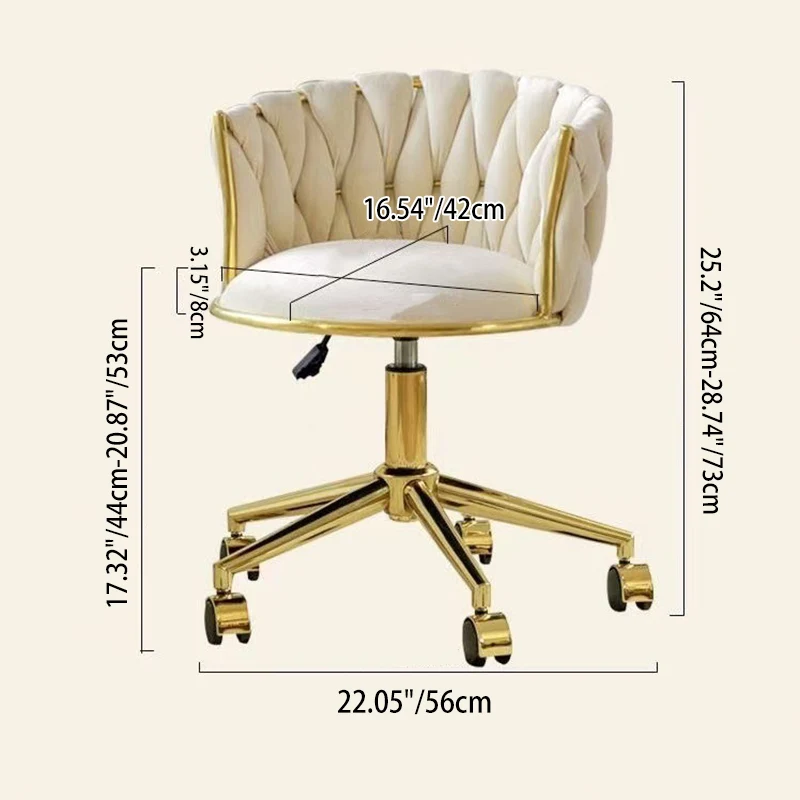 Contemporary Nordic Square Round Titanium Gold Coated Iron Velvet 360°Swivel Height Adjustable Vanity Stool Backrest Armless For Bedroom