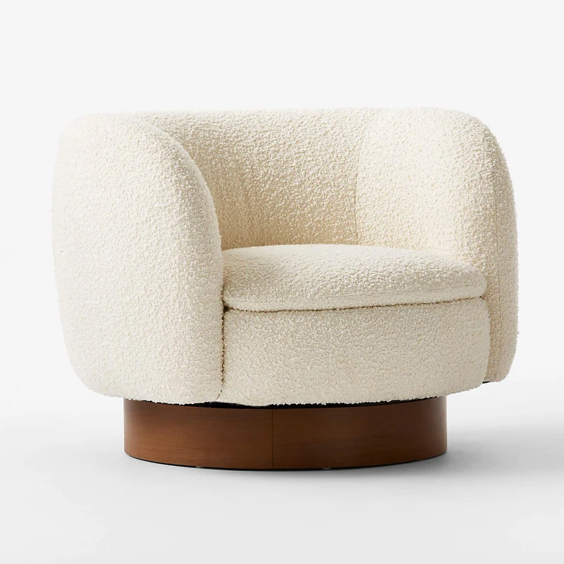 Modern Minimalist Round Cushion Sherpa Fabric Pine Wood Sponge Accent Chair Backrest Armrest For Living Room