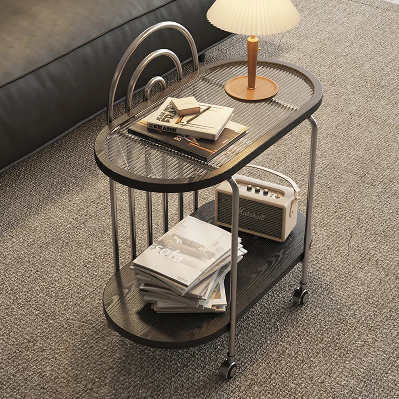 Modern Minimalist Oval Carbon Steel Stone Slab Glass End Table 2-Tier For Living Room