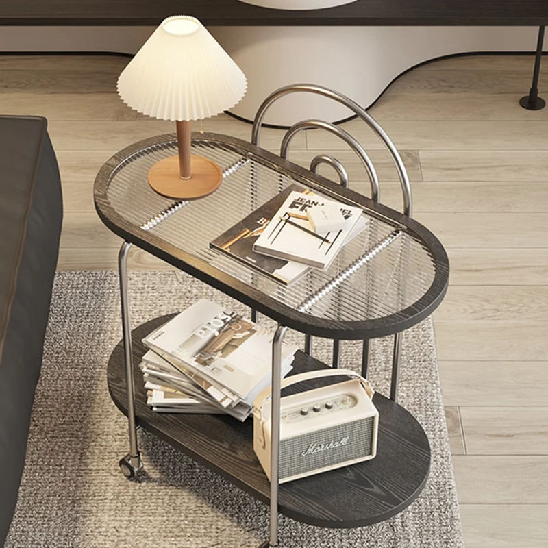 Modern Minimalist Oval Carbon Steel Stone Slab Glass End Table 2-Tier For Living Room