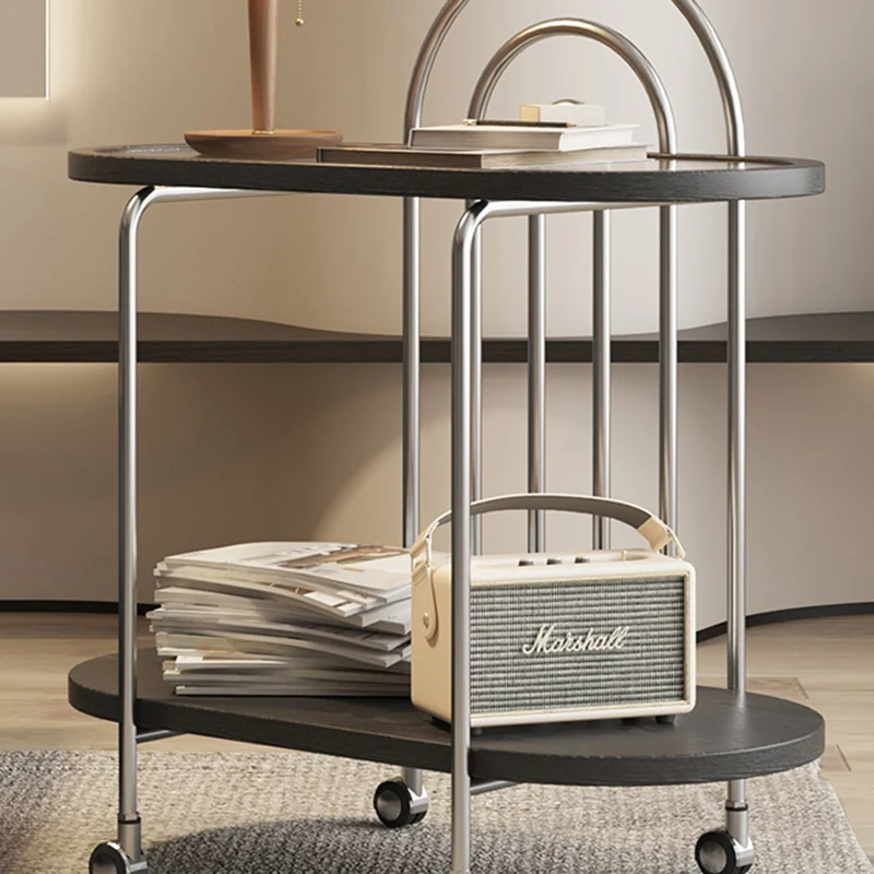 Modern Minimalist Oval Carbon Steel Stone Slab Glass End Table 2-Tier For Living Room