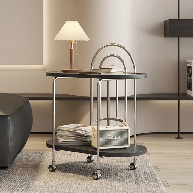 Modern Minimalist Oval Carbon Steel Stone Slab Glass End Table 2-Tier For Living Room