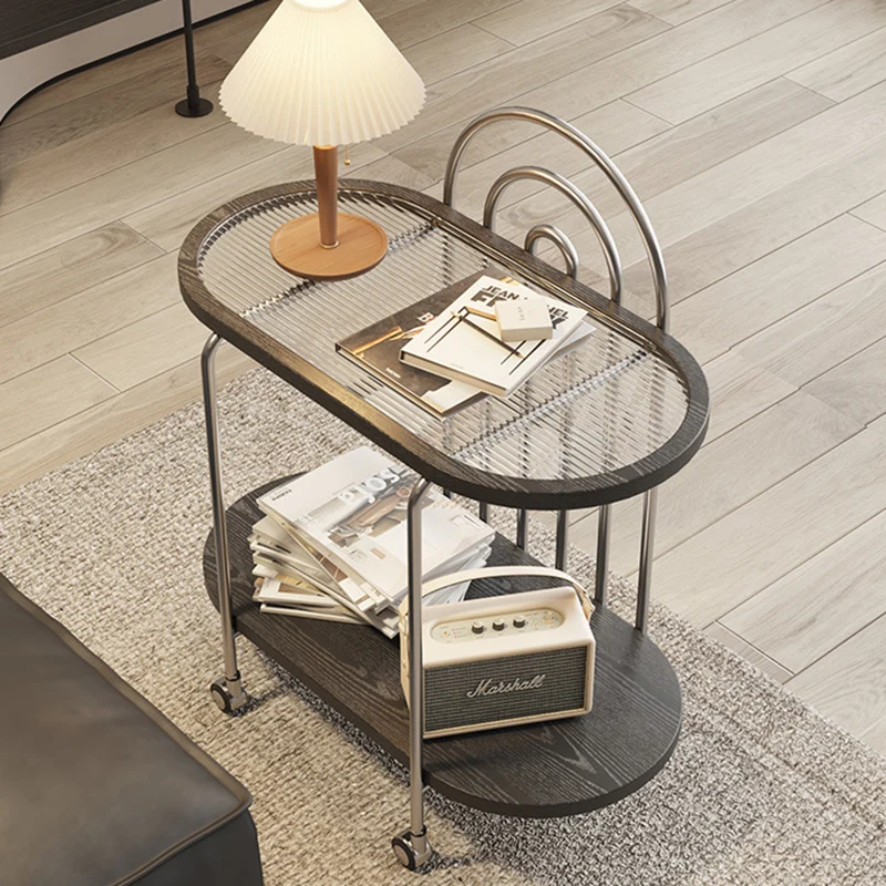Modern Minimalist Oval Carbon Steel Stone Slab Glass End Table 2-Tier For Living Room
