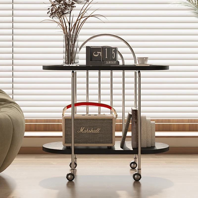 Modern Minimalist Oval Carbon Steel Stone Slab Glass End Table 2-Tier For Living Room