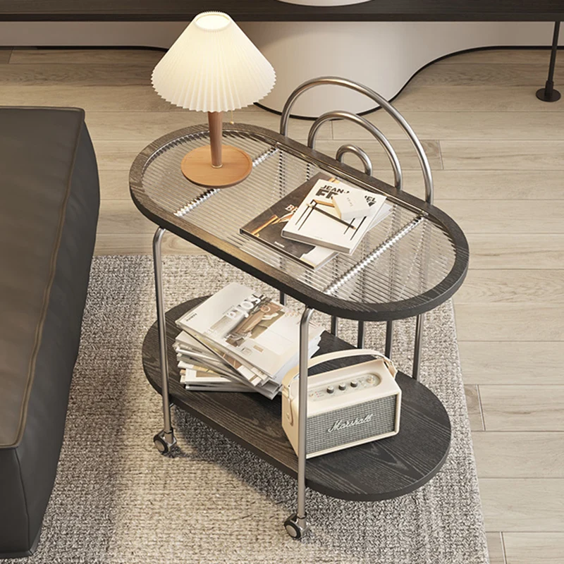 Modern Minimalist Oval Carbon Steel Stone Slab Glass End Table 2-Tier For Living Room