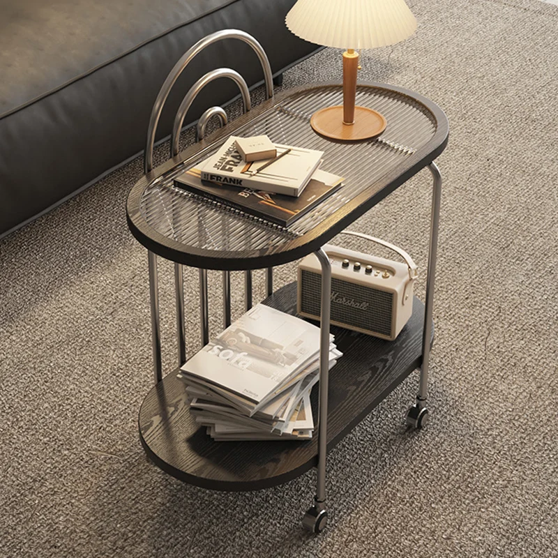 Modern Minimalist Oval Carbon Steel Stone Slab Glass End Table 2-Tier For Living Room