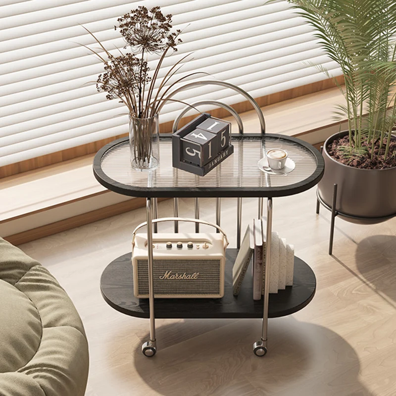 Modern Minimalist Oval Carbon Steel Stone Slab Glass End Table 2-Tier For Living Room