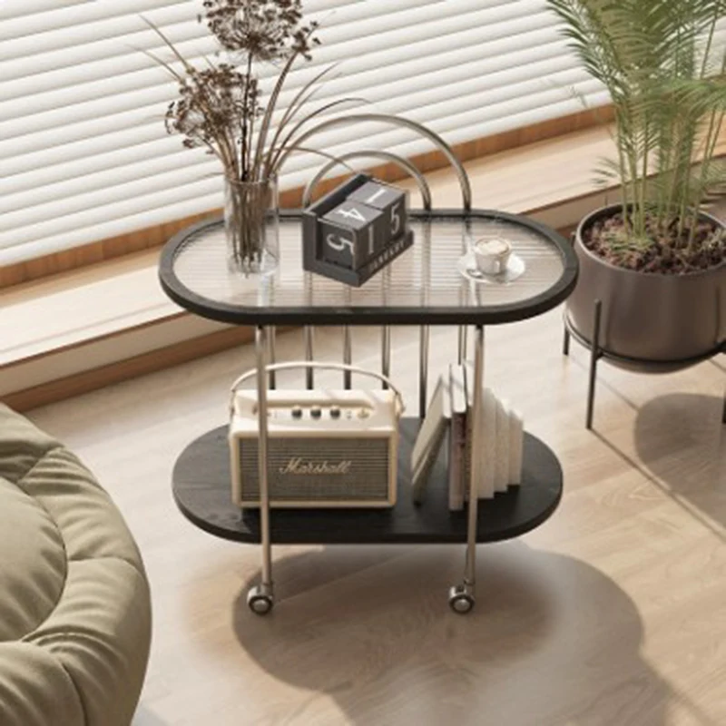 Modern Minimalist Oval Carbon Steel Stone Slab Glass End Table 2-Tier For Living Room