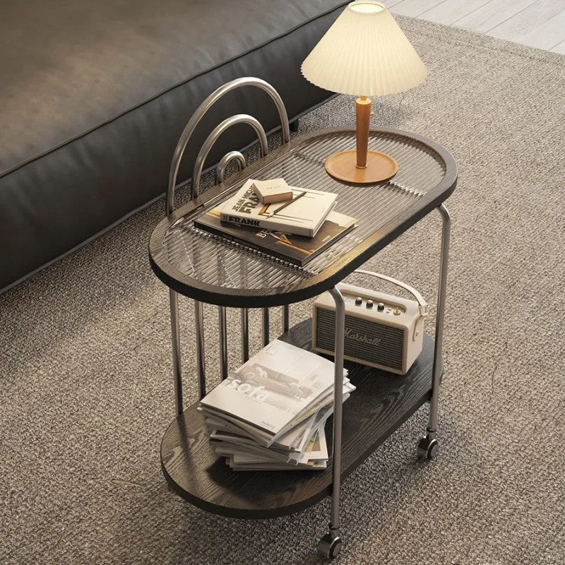 Modern Minimalist Oval Carbon Steel Stone Slab Glass End Table 2-Tier For Living Room