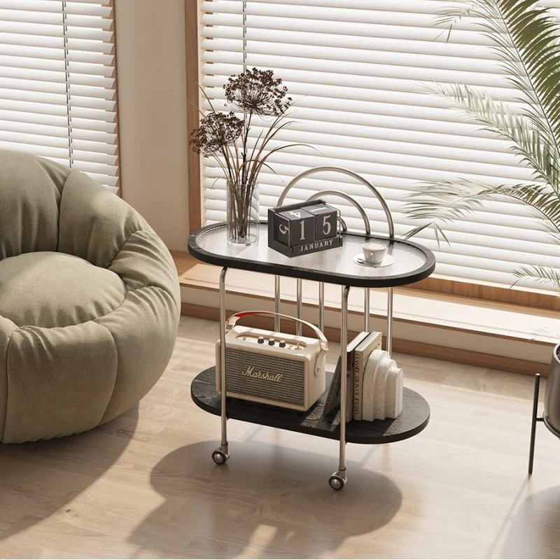Modern Minimalist Oval Carbon Steel Stone Slab Glass End Table 2-Tier For Living Room