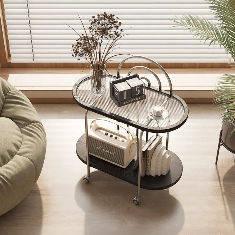 Modern Minimalist Oval Carbon Steel Stone Slab Glass End Table 2-Tier For Living Room