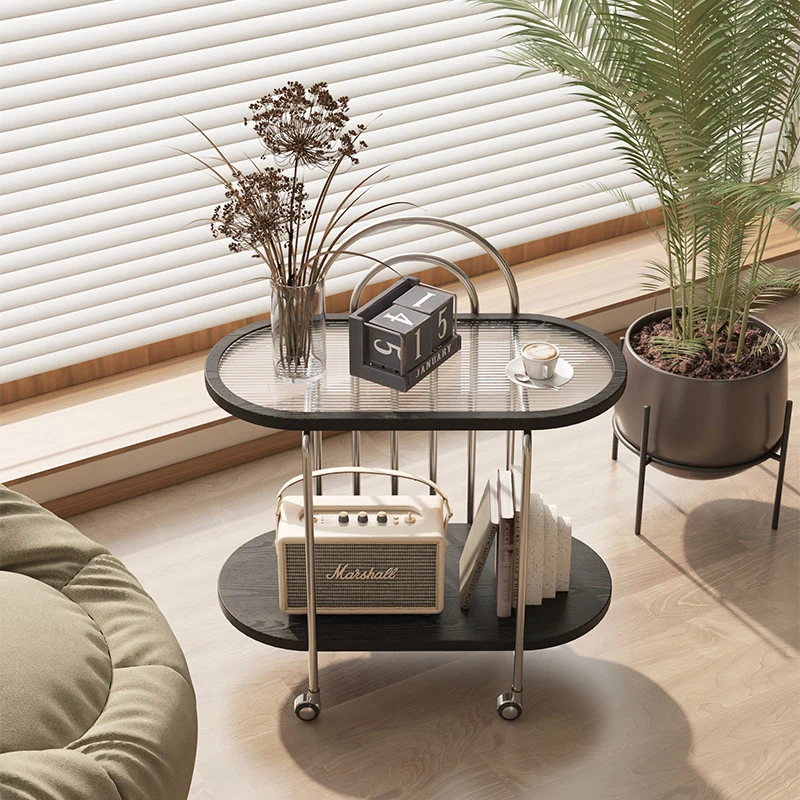 Modern Minimalist Oval Carbon Steel Stone Slab Glass End Table 2-Tier For Living Room