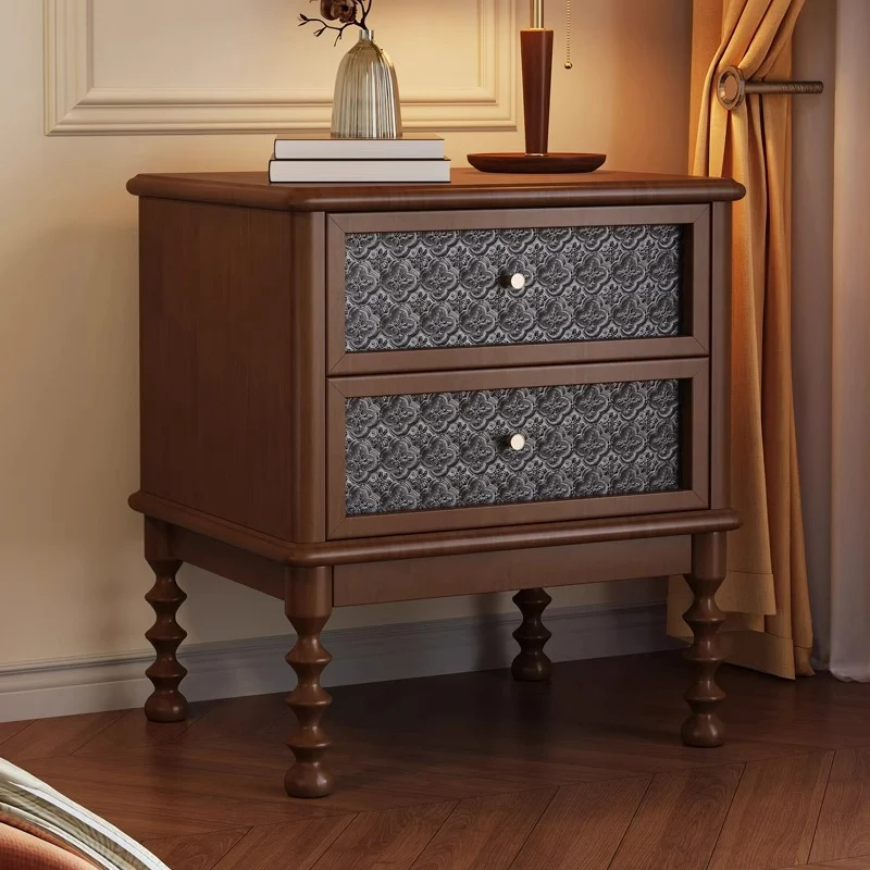 Traditional Vintage Square Rectangular Rubberwood Pine Wood Plywood Glass Metal Nightstand 2-Drawer For Bedroom