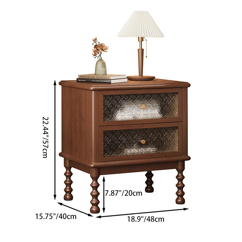 Traditional Vintage Square Rectangular Rubberwood Pine Wood Plywood Glass Metal Nightstand 2-Drawer For Bedroom