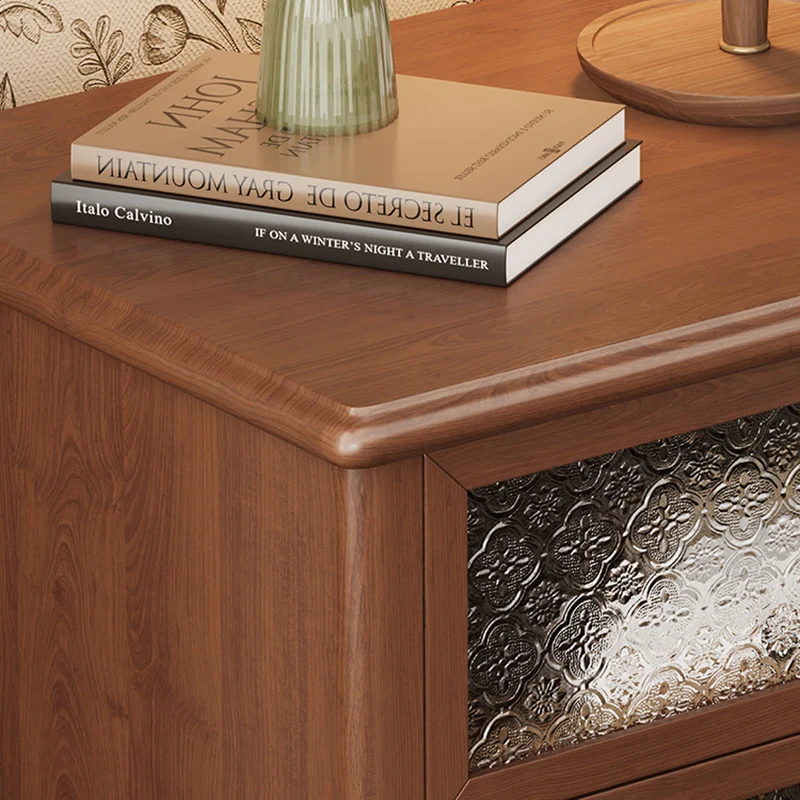 Traditional Vintage Square Rectangular Rubberwood Pine Wood Plywood Glass Metal Nightstand 2-Drawer For Bedroom