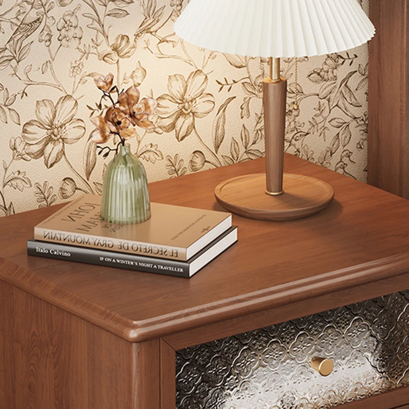 Traditional Vintage Square Rectangular Rubberwood Pine Wood Plywood Glass Metal Nightstand 2-Drawer For Bedroom