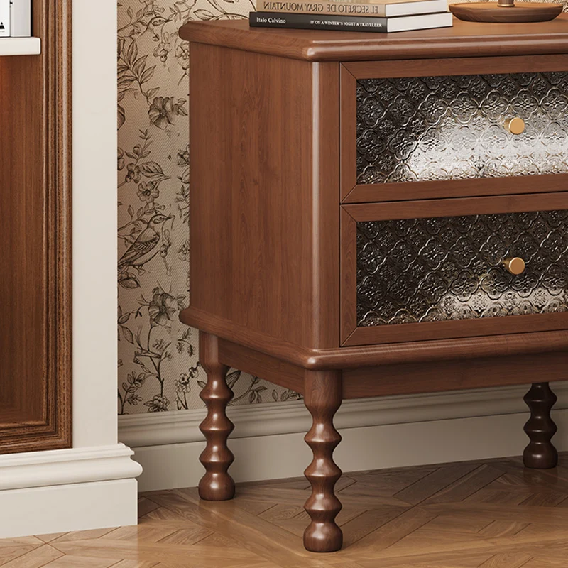 Traditional Vintage Square Rectangular Rubberwood Pine Wood Plywood Glass Metal Nightstand 2-Drawer For Bedroom