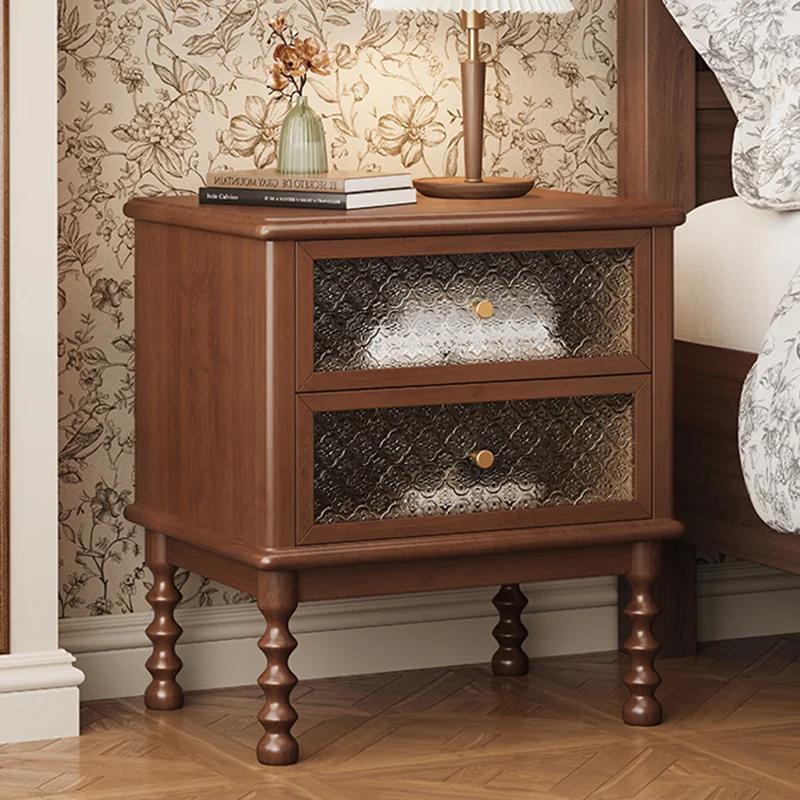 Traditional Vintage Square Rectangular Rubberwood Pine Wood Plywood Glass Metal Nightstand 2-Drawer For Bedroom