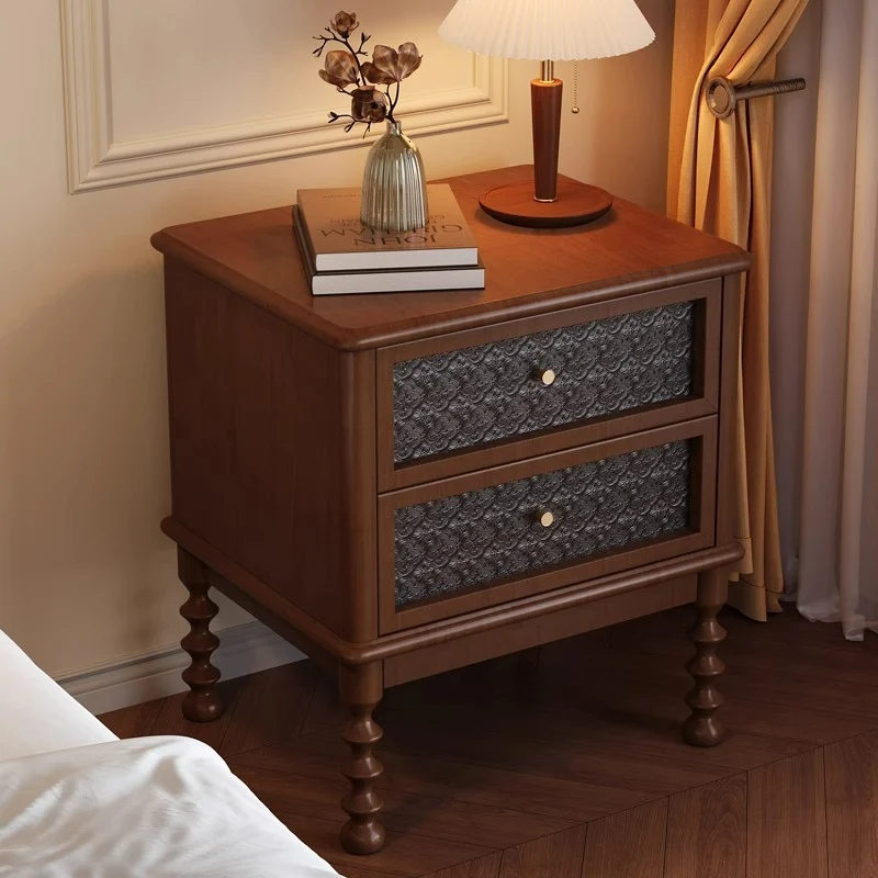 Traditional Vintage Square Rectangular Rubberwood Pine Wood Plywood Glass Metal Nightstand 2-Drawer For Bedroom