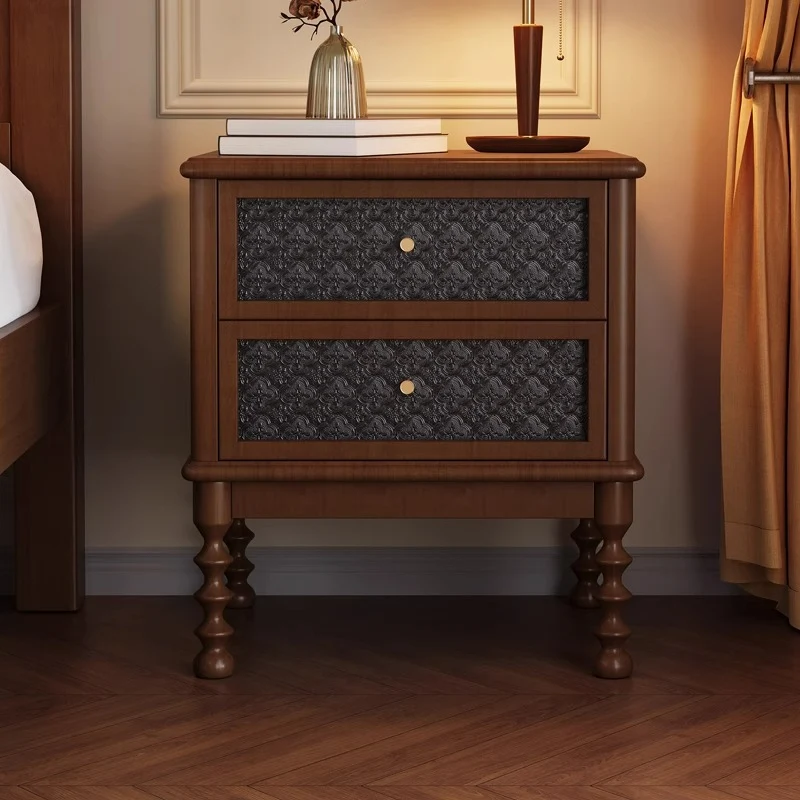 Traditional Vintage Square Rectangular Rubberwood Pine Wood Plywood Glass Metal Nightstand 2-Drawer For Bedroom