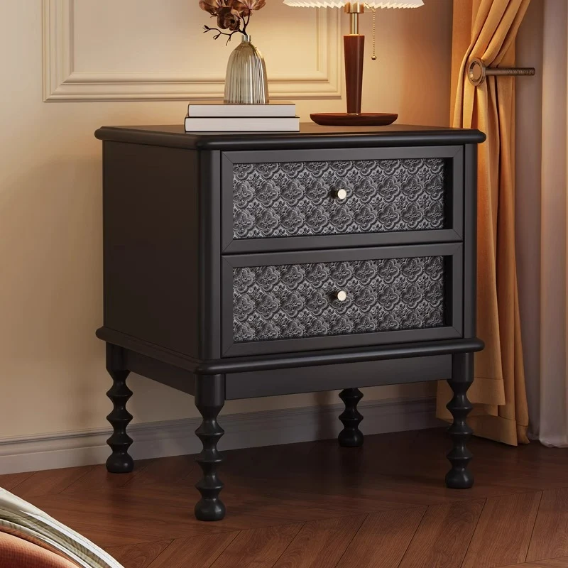 Traditional Vintage Square Rectangular Rubberwood Pine Wood Plywood Glass Metal Nightstand 2-Drawer For Bedroom