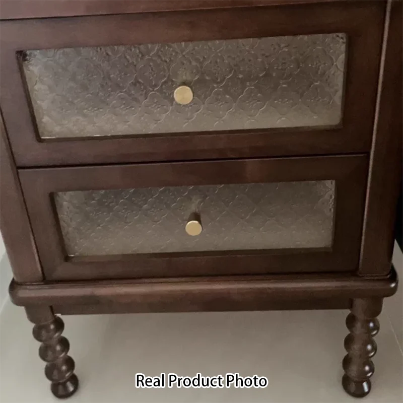 Traditional Vintage Square Rectangular Rubberwood Pine Wood Plywood Glass Metal Nightstand 2-Drawer For Bedroom