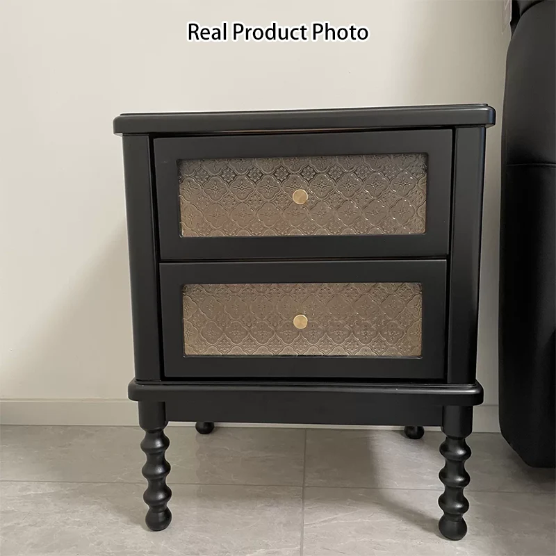 Traditional Vintage Square Rectangular Rubberwood Pine Wood Plywood Glass Metal Nightstand 2-Drawer For Bedroom