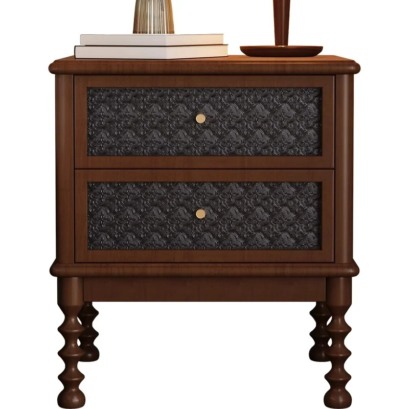 Traditional Vintage Square Rectangular Rubberwood Pine Wood Plywood Glass Metal Nightstand 2-Drawer For Bedroom