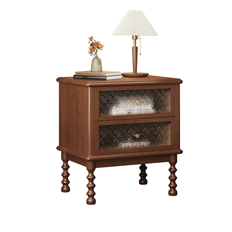 Traditional Vintage Square Rectangular Rubberwood Pine Wood Plywood Glass Metal Nightstand 2-Drawer For Bedroom