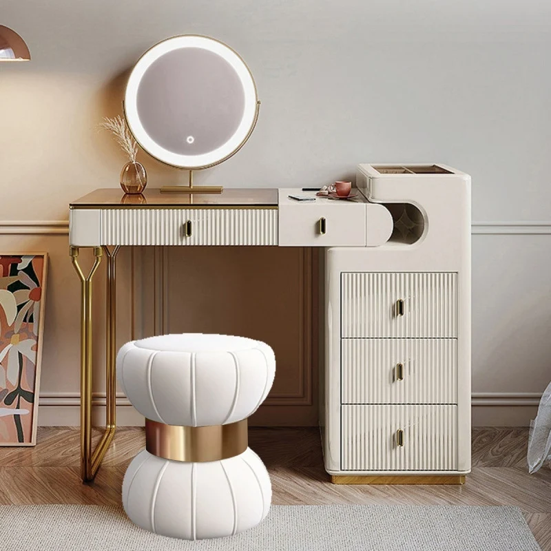 Modern Minimalist Round Velvet Plywood Titanium Gold Brushed Stainless Steel Vanity Stool Backless Armless For Bedroom